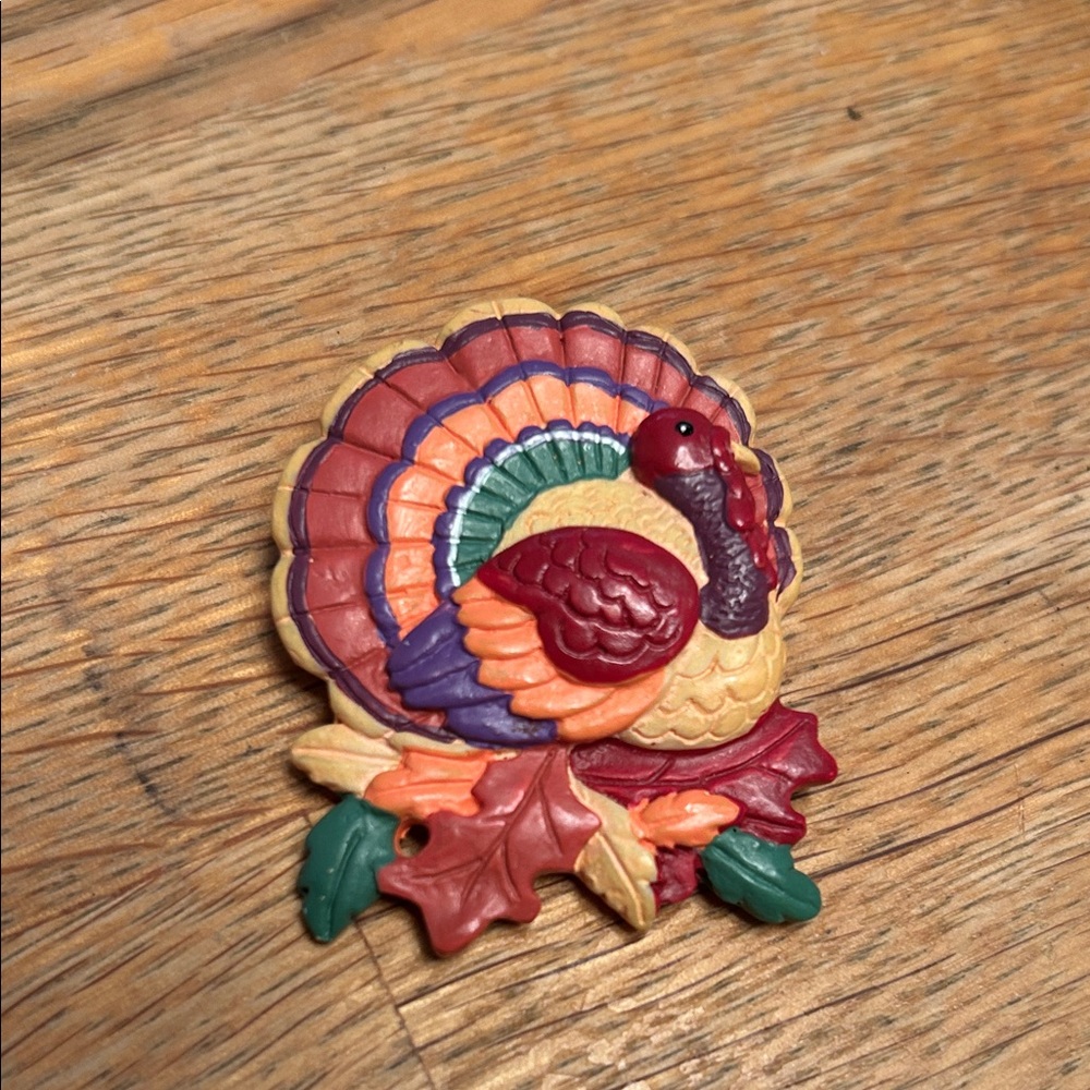 Vintage Thanksgiving Turkey Pin – Handpainted Folk Art Fall Brooch